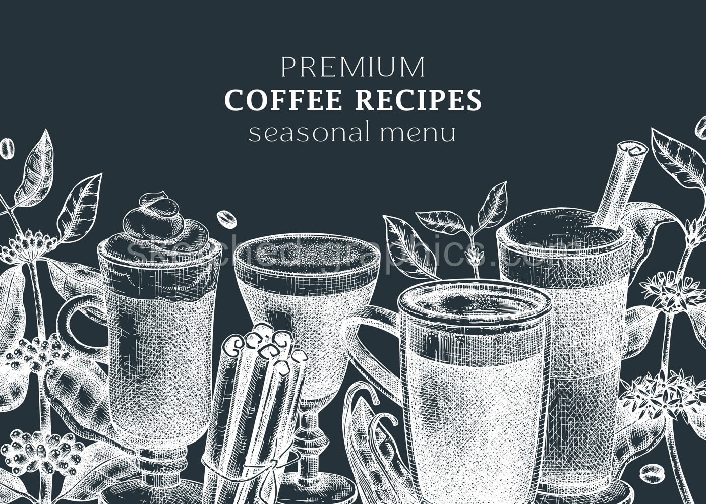 Hand-sketched coffee banner template on chalkboard. Vector sketches of mugs with aromatic caffeine drinks. With botanical coffee plants, leaves and beans in vintage style. Vector beverages design Illustration